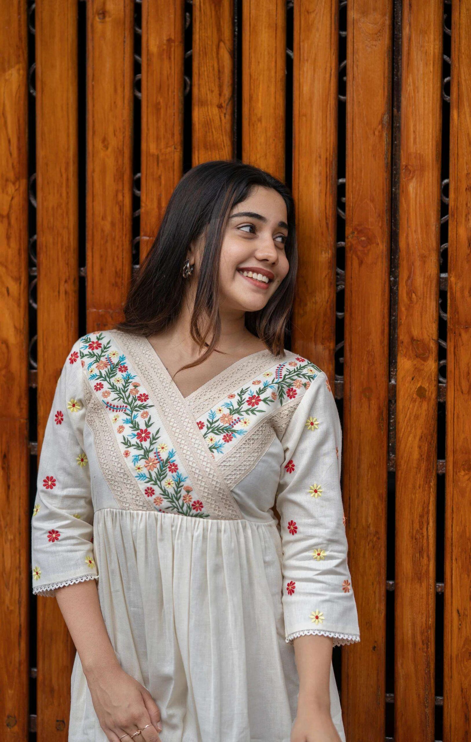 Women's Cotton Embroidered Short Anarkali Gown (Off White) - Image 4